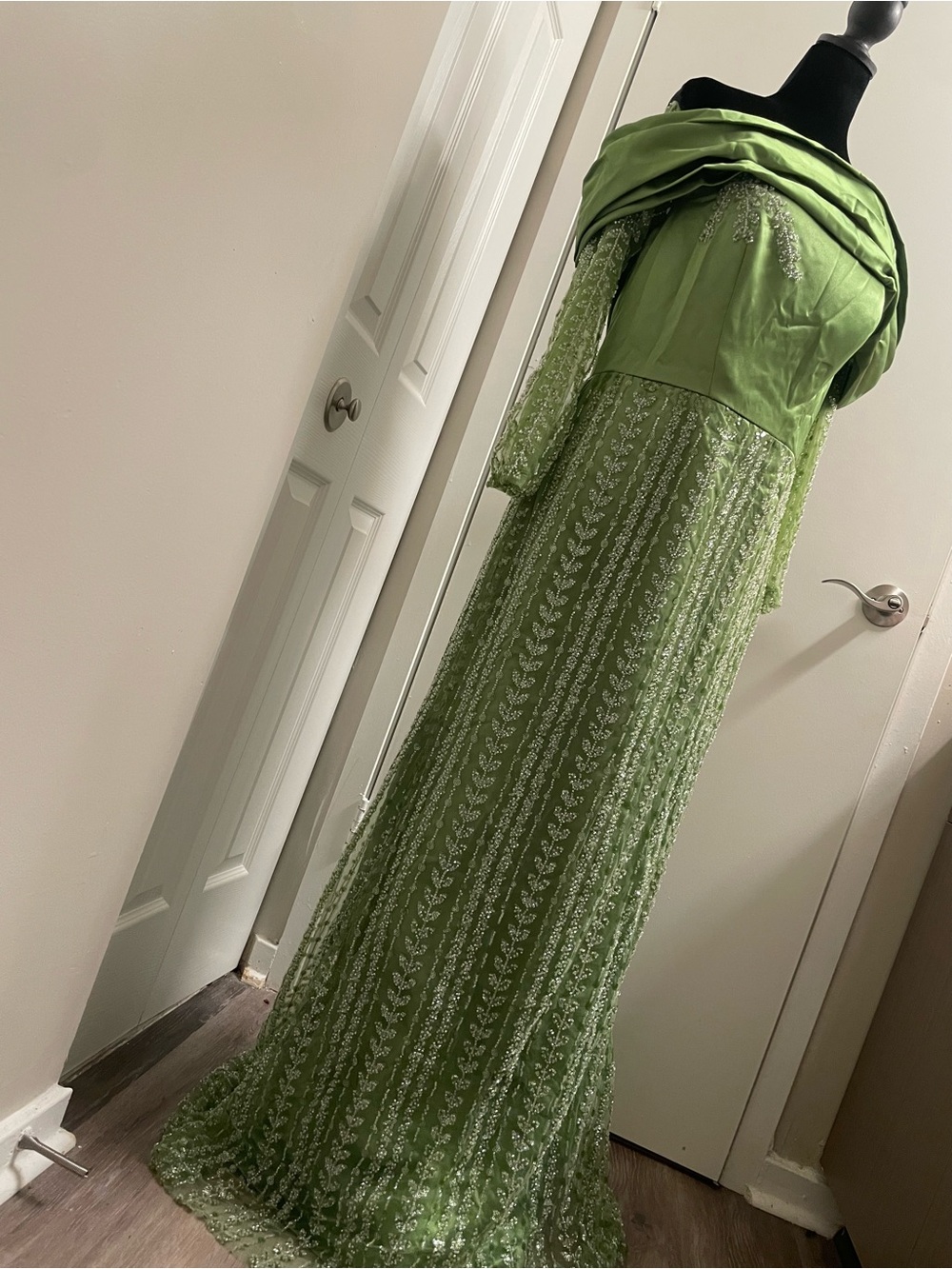 Lime Green Embroidered Long Sleeve Maxi Dress with a back corset lace up - Picture 2 of 9